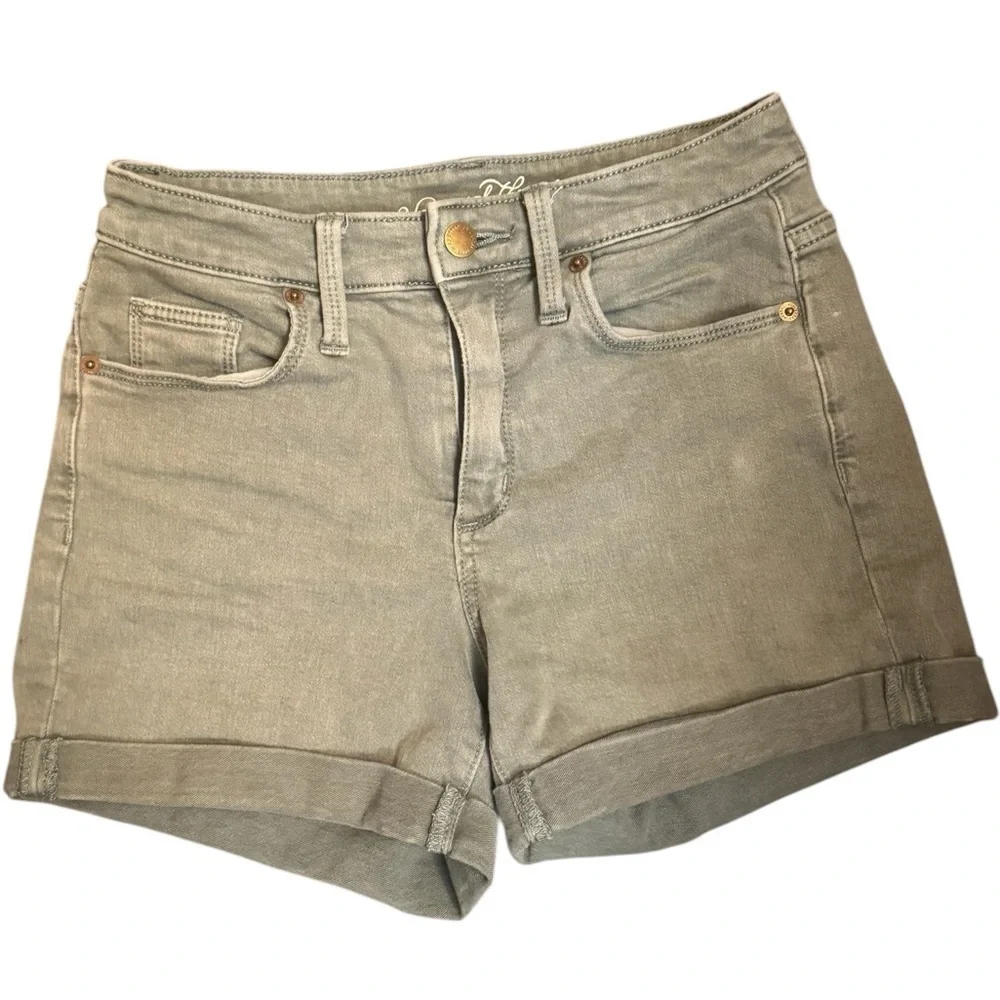UNIVERSAL THREAD High Rise Midi Olive Green Cuff Stretch Jean Shorts SZ 25 EUC